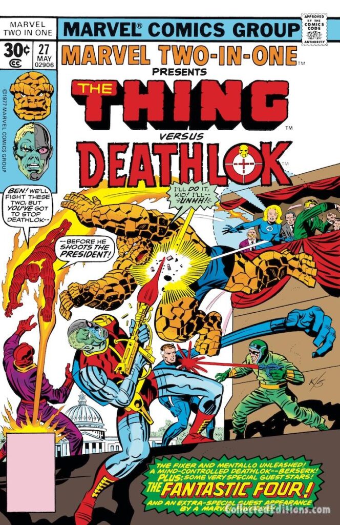 Marvel Two-In-One #27 cover; pencils, Jack Kirby; inks, Joe Sinnott; The Thing, Deathlok, Fantastic Four