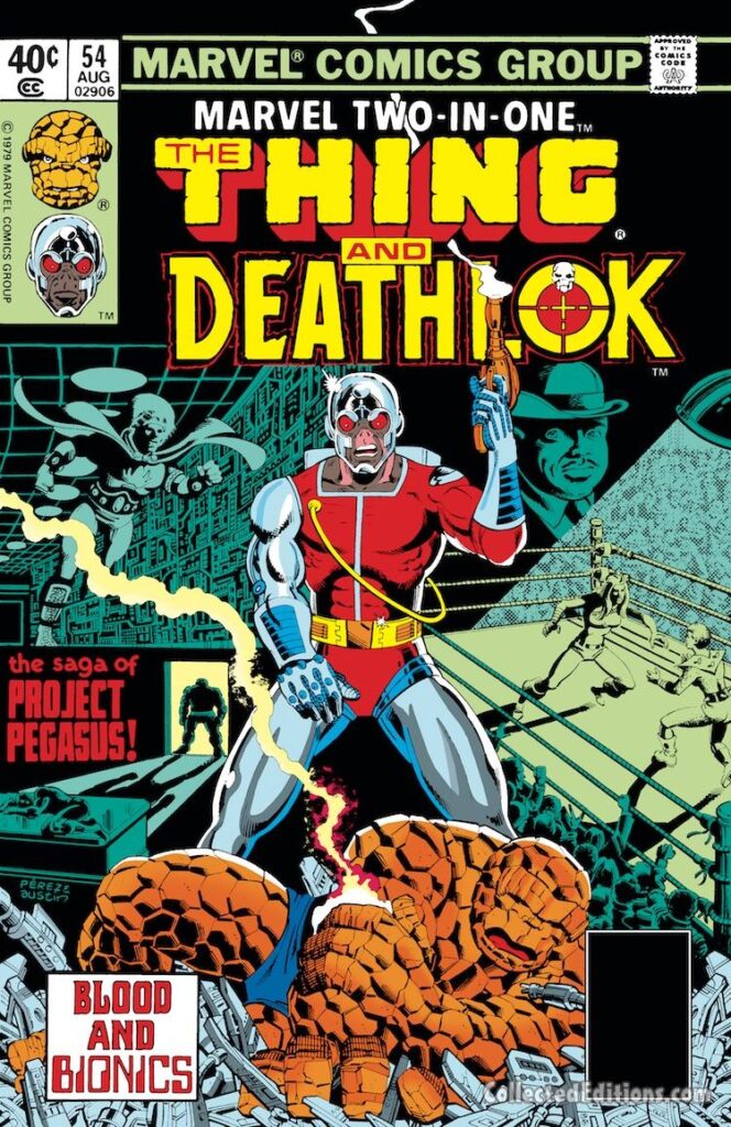 Marvel Two-In-One #54 cover; pencils, George Pérez; inks, Terry Austin; Project Pegasus, The Thing, Deathlok