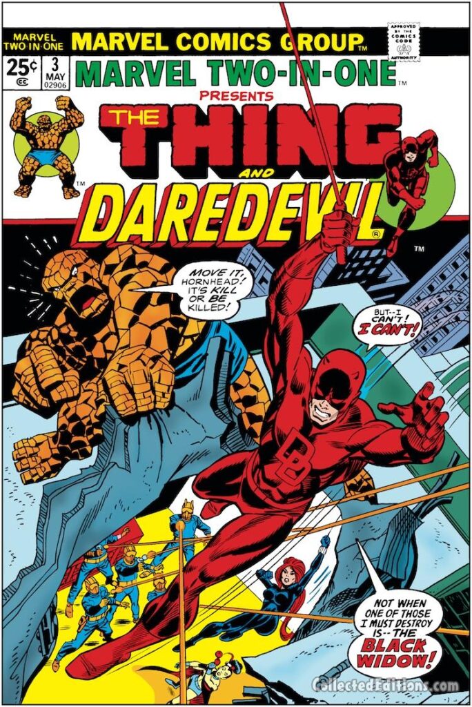 Marvel Two-In-One #3 cover; pencils, Gil Kane; inks, Frank Giacoia; Thing, Daredevil, Black Widow