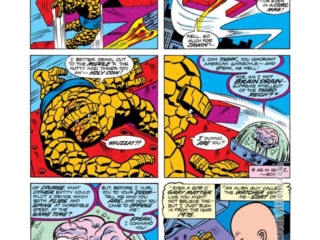 Marvel Two-In-One #20, pg. 2; layouts, Sal Buscema; pencils and inks, Sam Grainger; Thing, Liberty Legion, Uatu the Watcher, swastika spaceship, Brain Drain