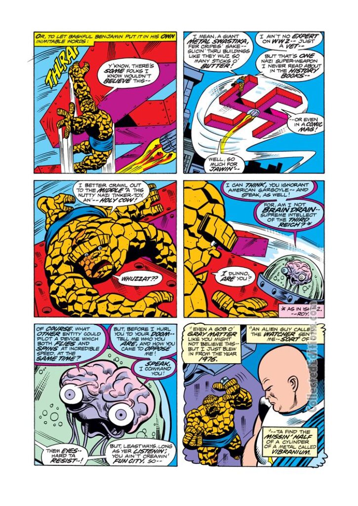 Marvel Two-In-One #20, pg. 2; layouts, Sal Buscema; pencils and inks, Sam Grainger; Thing, Liberty Legion, Uatu the Watcher, swastika spaceship, Brain Drain