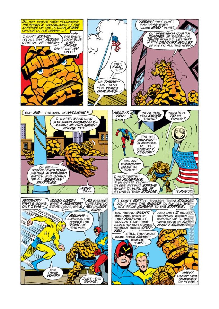 Marvel Two-In-One Annual #1, pg. 18; pencils, Sal Buscema; inks, Sam Grainger; Ben Grimm, Invaders, Liberty Legion, American Flag, Patriot, Whizzer