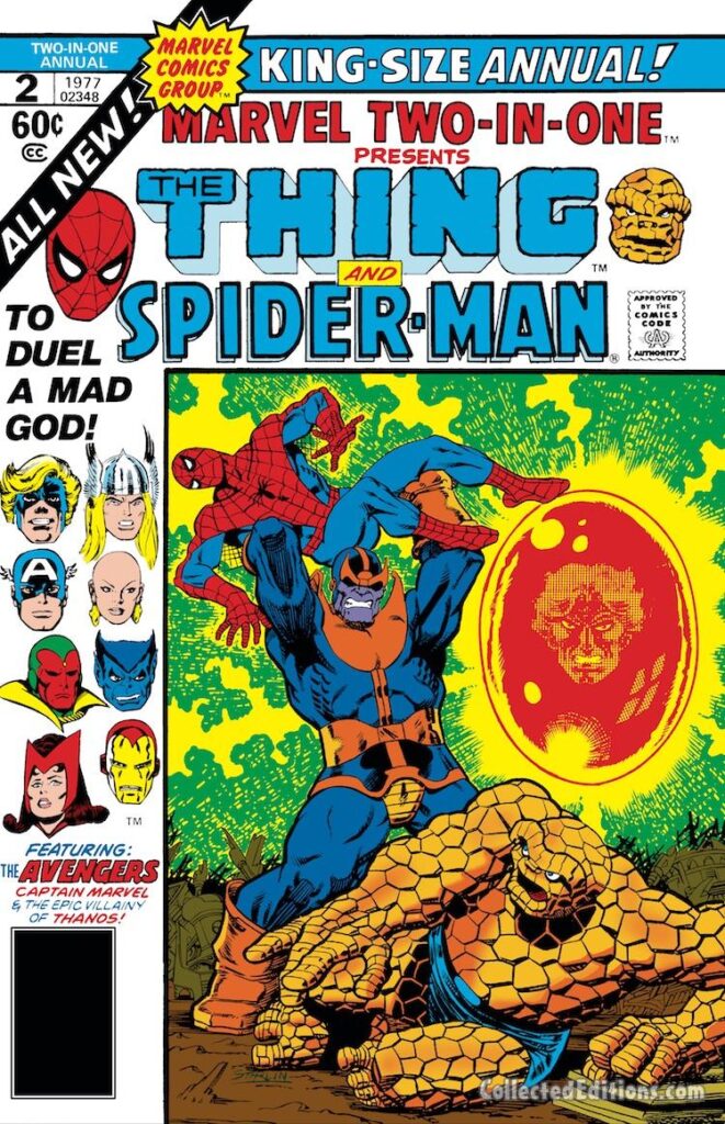 Marvel Two-In-One Annual #2 cover; pencils and inks, Jim Starlin; Thing, Spider-Man, Mar-Vell, Thanos, Captain Marvel, Adam Warlock, Captain America, Thor, Moondragon, Beast, Vision, Iron Man, Scarlet Witch