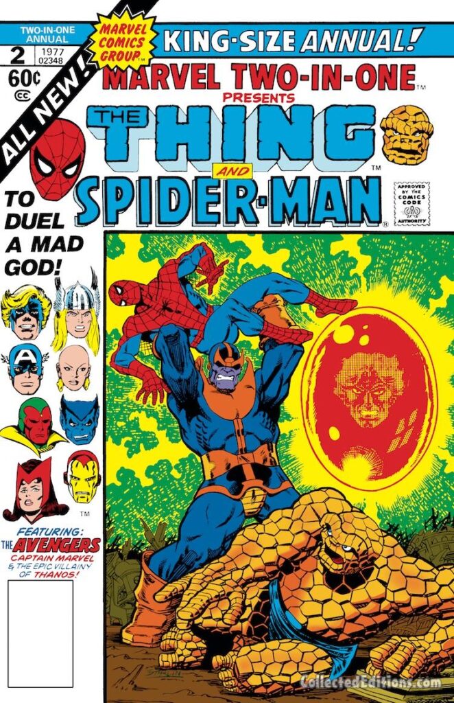 Marvel Two-In-One Annual #2 cover; pencils and inks, Jim Starlin; Thanos, Spider-Man, Thing, Avengers; Adam Warlock