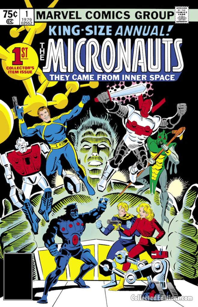 Micronauts Annual #1 cover; pencils and inks, Steve Ditko; Baron Karza, Marionette, Commander Rann, Space Glider, Biotron, Mictrotron, Acroyear, Bug