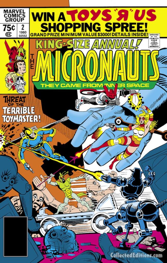 Micronauts Annual #2 cover; pencils and inks, Steve Ditko; Threat of the Terrible Toymaster; Commander Rann, Baron Karza, Marionette