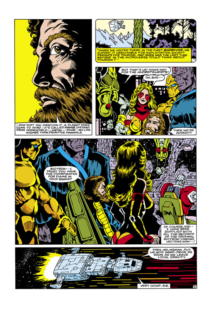 Micronauts: The New Voyages #1, pg. 5; pencils, Kelley Jones; inks, Bruce Patterson; Commander Rann, Bug, Biotron, Marionette