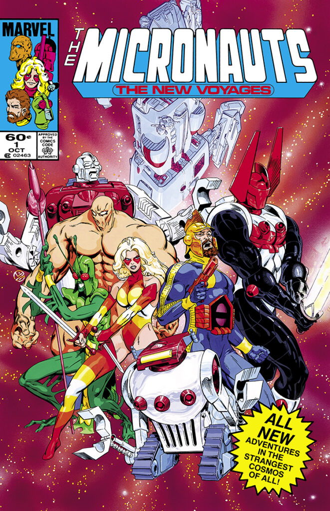 Micronauts: The New Voyages #1 cover; pencils and inks, Michael Golden; All New Adventures in the strangest cosmos of all, first issue, Marionette, Commander Rann, Acroyear, Biotron, Huntarr, Bug