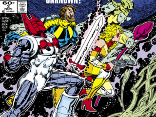 Micronauts: The New Voyages #2 cover; pencils, Jackson &ldquo;Butch&rdquo; Guice; inks, Arthur Adams; At last, the face of the unknown, Acroyear, though Huntarr May move live to see it