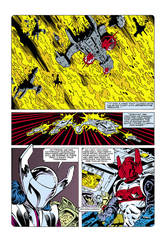 Micronauts: The New Voyages #7, pg. 8; pencils, Rod Whigham; inks, Ian Akin, Brian Garvey; Acroyear, Lady Illyrie