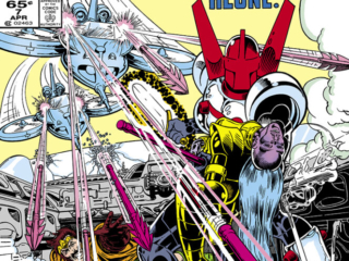 Micronauts: The New Voyages #7 cover; pencils and inks, Keith Pollard; Acroyear Fights Alone, Regent Laios, Lady Illyrie