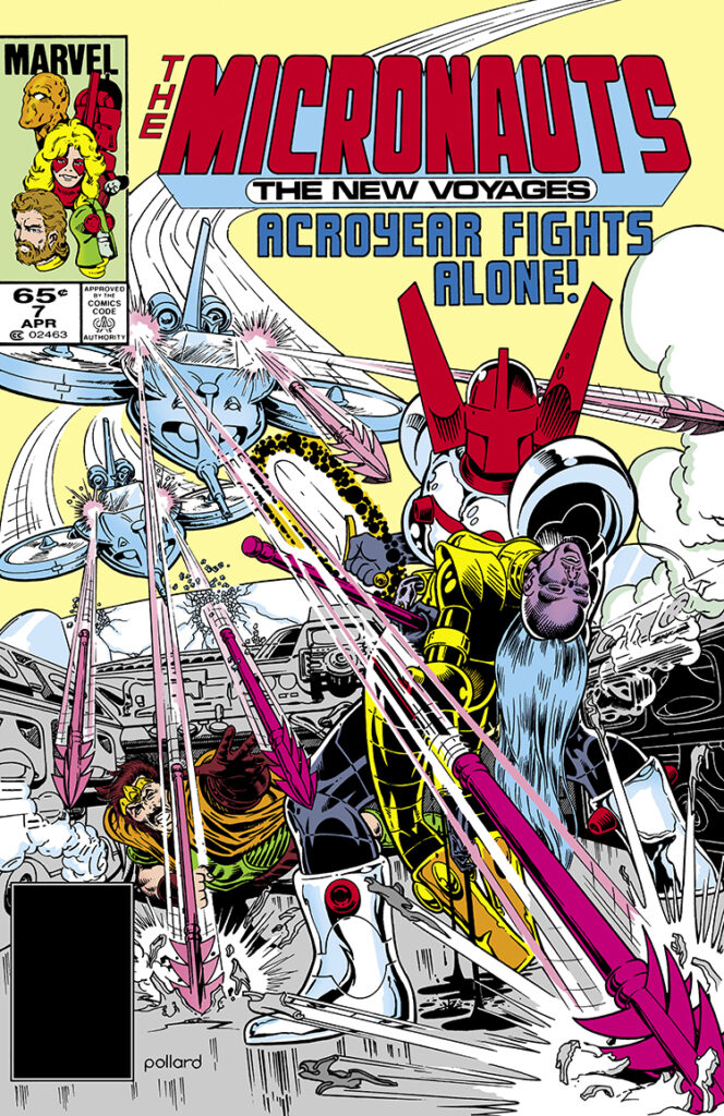 Micronauts: The New Voyages #7 cover; pencils and inks, Keith Pollard; Acroyear Fights Alone, Regent Laios, Lady Illyrie