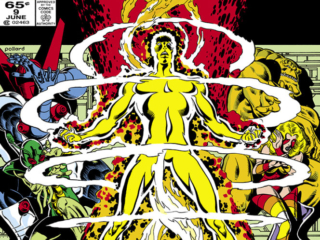 Micronauts: The New Voyages #9 cover; pencils and inks, Keith Pollard; This Power Awakened; Marionette, Bug, Acroyear, Huntarr; Commander Rann