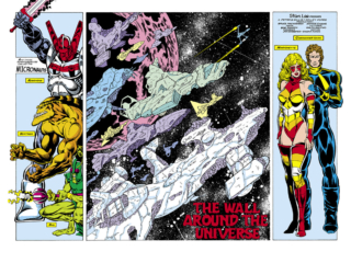 Micronauts: The New Voyages #10, pgs. 2-3; pencils, Kelley Jones; inks, Bruce Patterson; double-page spread, The Wall Around the Universe, Peter B. Gillis