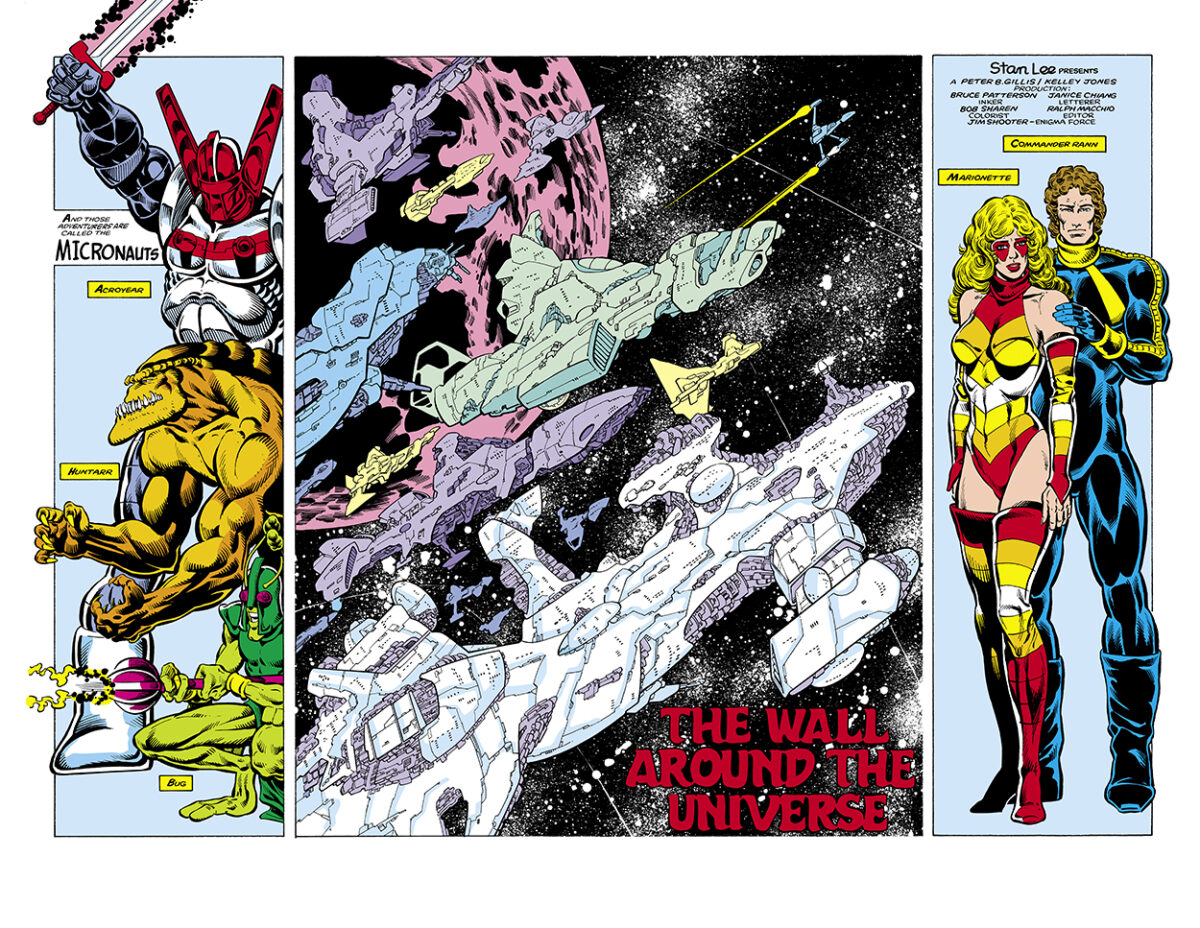 Micronauts: The New Voyages #10, pgs. 2-3; pencils, Kelley Jones; inks, Bruce Patterson; double-page spread, The Wall Around the Universe, Peter B. Gillis