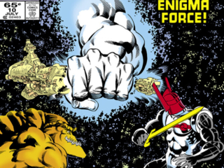 Micronauts: The New Voyages #10 cover; pencils and inks, Kelley Jones; In the grip of the Enigma Force; Huntarr, Acroyear