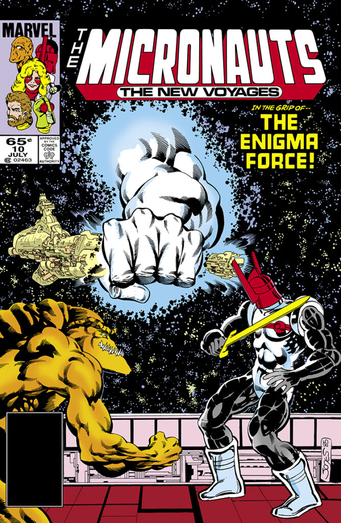 Micronauts: The New Voyages #10 cover; pencils and inks, Kelley Jones; In the grip of the Enigma Force; Huntarr, Acroyear