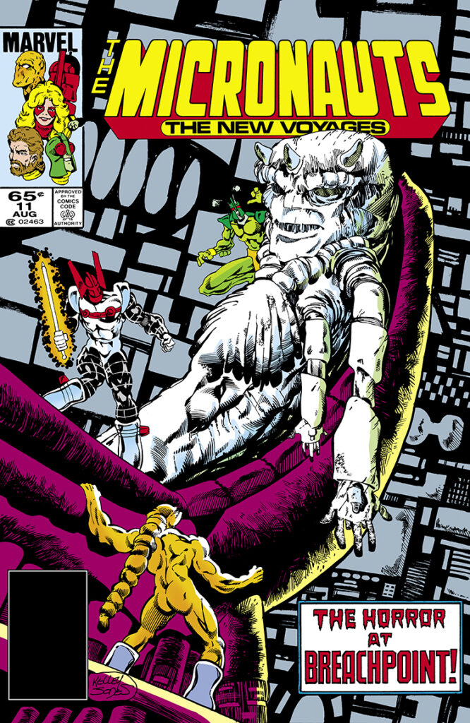 Micronauts: The New Voyages #11 cover; pencils and inks, Kelley Jones; The Horror at Breachpoint, Acroyear, Bug, Huntarr