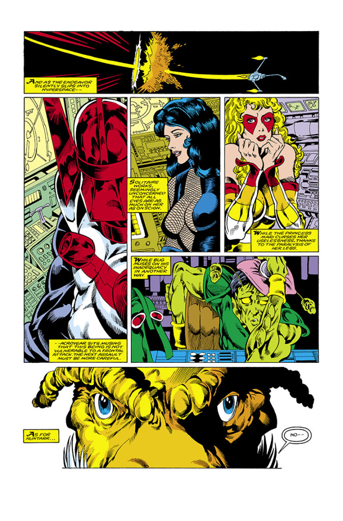 Micronauts: The New Voyages #12, pg. 9; pencils, Kelley Jones; inks, Danny Bulanadi; Solitaire, Marionette, Acroyear, Huntarr, Bug