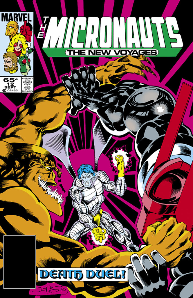 Micronauts: The New Voyages #12 cover; pencils and inks, Kelley Jones; Death Duel, Acroyear vs. Huntarr, Scion