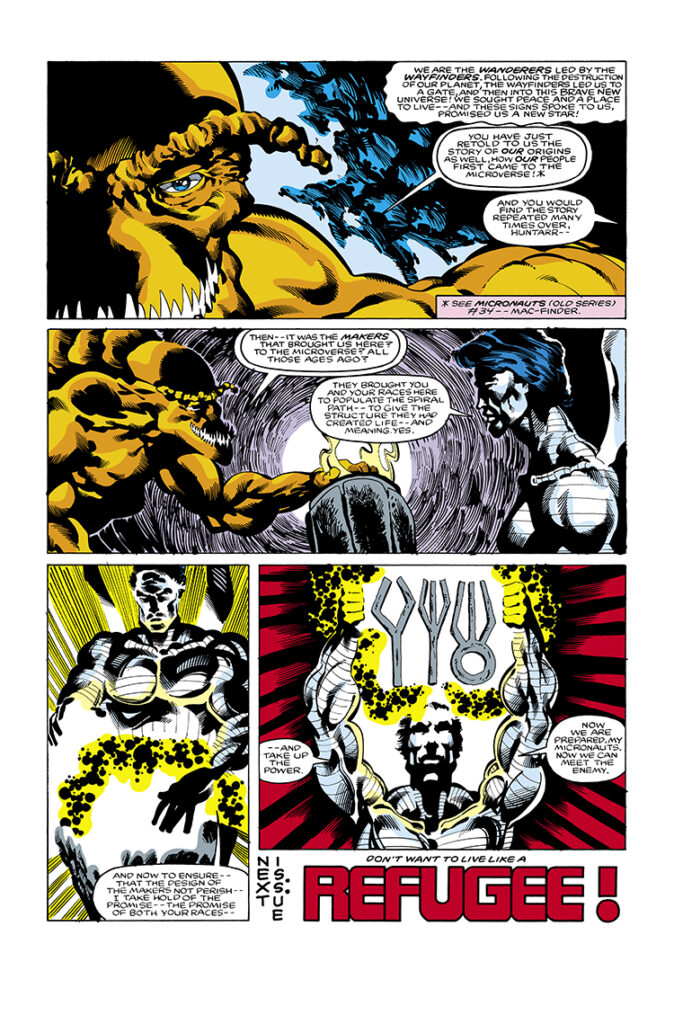 Micronauts: The New Voyages #13, pg. 23; pencils, Kelley Jones; inks, Danny Bulanadi, Kelley Jones; Huntarr, Commander Rann Time Traveler, Wanderers, Wayfinders