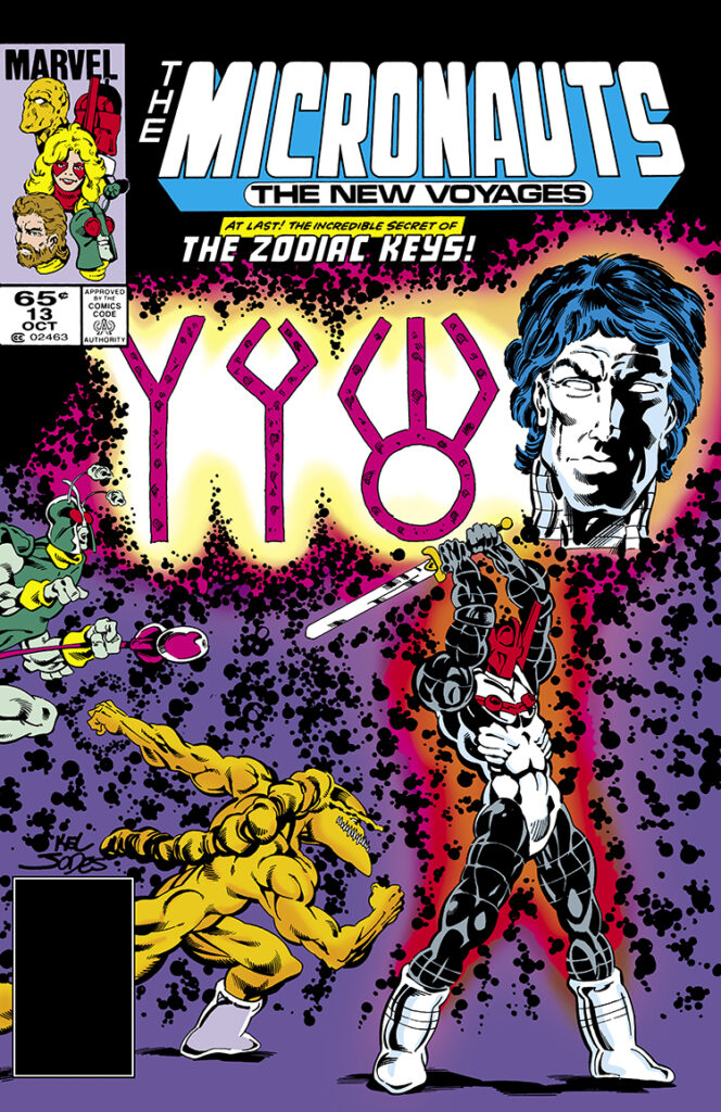 Micronauts: The New Voyages #13 cover; pencils and inks, Kelley Jones; At last, the incredible secret of the Zodiac Keys, Scion, Acroyear, Huntarr, Bug