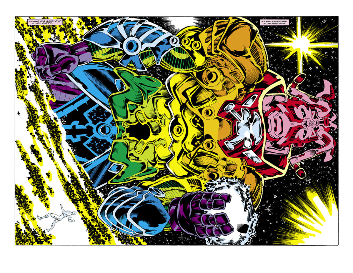 Micronauts: The New Voyages #14, pgs. 13-14; pencils, Kelley Jones; inks, Danny Bulanadi; double-page spread, Wanderers