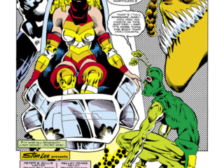 Micronauts: The New Voyages #16, pg. 4; pencils, Kelley Jones; inks, Danny Bulanadi; Economies of Scale, splash page, Stan Lee Presents, Peter B. Gillis, writer, Marionette, Huntarr, Bug, Acroyear