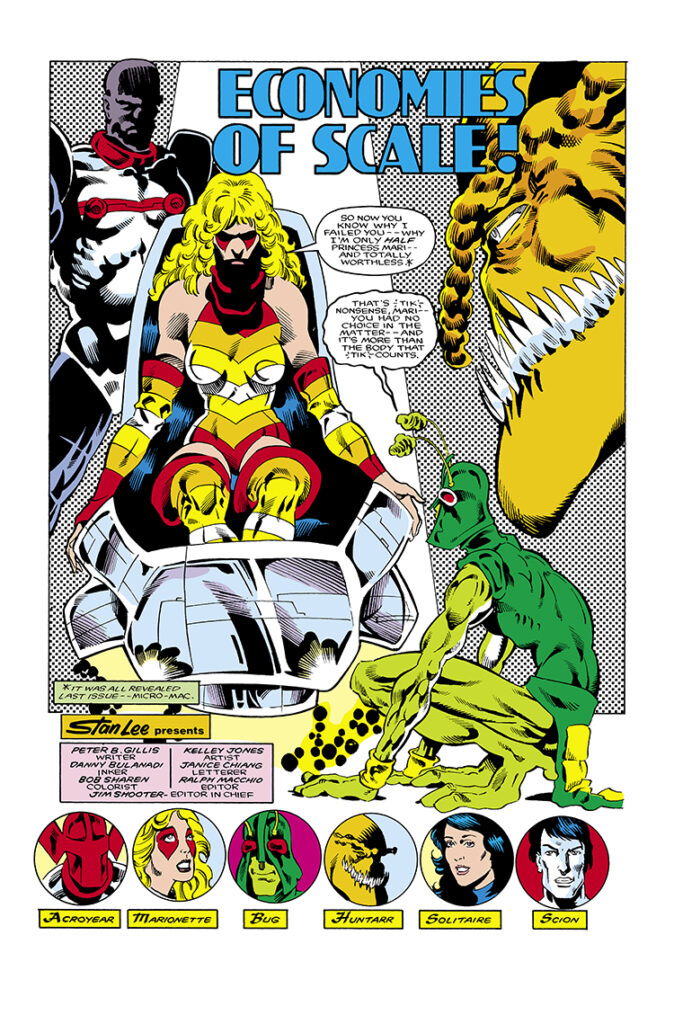 Micronauts: The New Voyages #16, pg. 4; pencils, Kelley Jones; inks, Danny Bulanadi; Economies of Scale, splash page, Stan Lee Presents, Peter B. Gillis, writer, Marionette, Huntarr, Bug, Acroyear