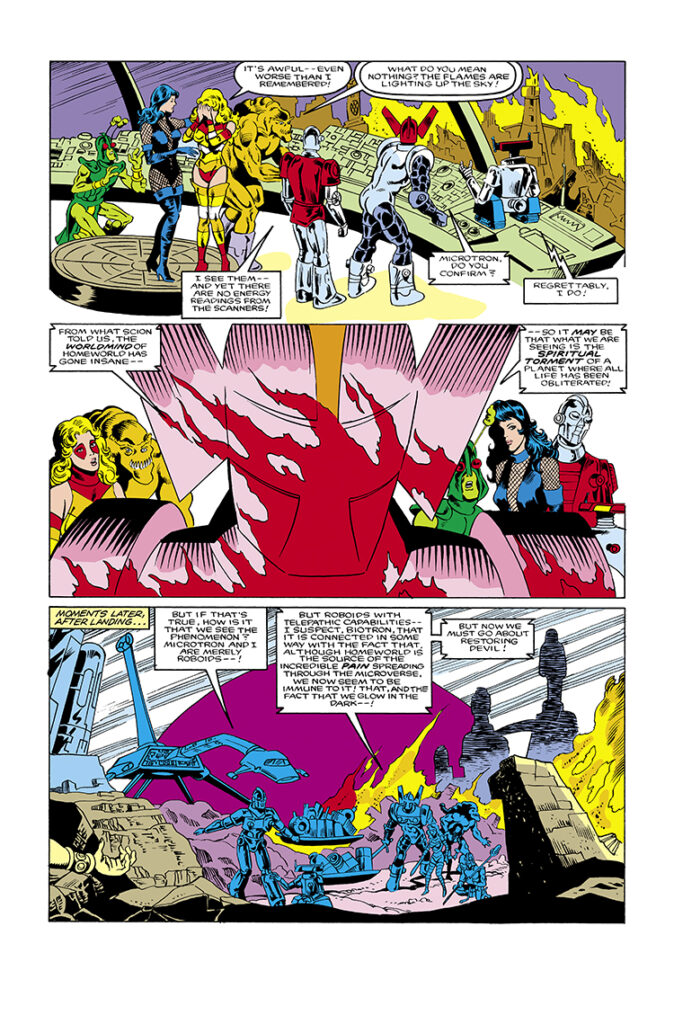 Micronauts: The New Voyages #17, pg. 6; pencils, Howard Bender; inks, Danny Bulanadi, Solitaire, Homeworld Worldmind, Bug, Marionette