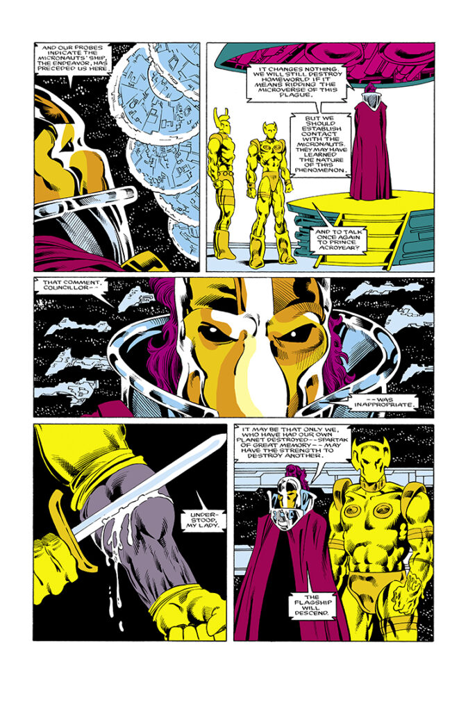 Micronauts: The New Voyages #18, pg. 9; pencils, Kelley Jones; inks, Danny Bulanadi, The Endeavor, Prince Acroyear