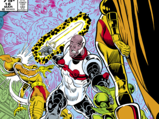 Micronauts: The New Voyages #18 cover; pencils, Keith Pollard, Michael Higgins; inks, Mark McKenna; Acroyear in final conflict with the woman he loves, Lady Cilicia