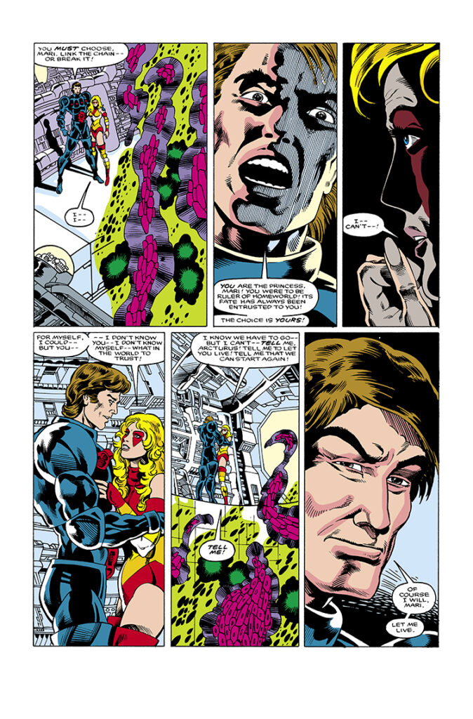 Micronauts: The New Voyages #20, pg. 20; pencils, Kelley Jones; inks, Danny Bulanadi; Commander Rann, Marionette, Baron Karza