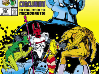 Micronauts: The New Voyages #20 cover; pencils and inks, Bill Sienkiewicz; Cosmic Conclusion, the final fate of the Micronauts, To Meet the Maker, bug, Acroyear, Huntarr, Marionette, Baron Karza