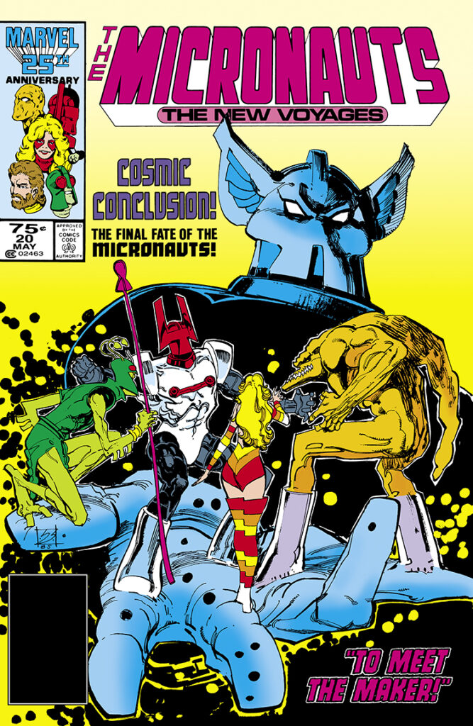 Micronauts: The New Voyages #20 cover; pencils and inks, Bill Sienkiewicz; Cosmic Conclusion, the final fate of the Micronauts, To Meet the Maker, bug, Acroyear, Huntarr, Marionette, Baron Karza