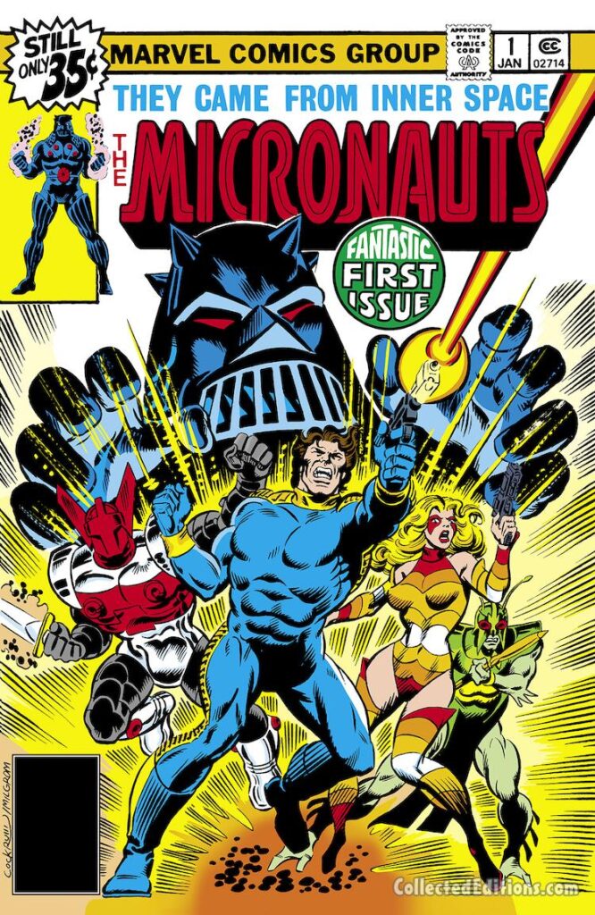 Micronauts #1 cover; pencils, Dave Cockrum; inks, Al Milgrom; Fantastic First Issue, Commander Rann, Marionette, Bug, Acroyear, Baron Karza