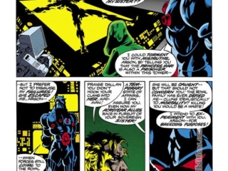 Micronauts #2, pg. 8; layouts, Michael Golden; pencils and inks, Joe Rubinstein; Shadow Priests, Baron Karza, Body Banks