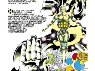 Micronauts #2, pg. 18; Time Traveller pinup, art by Michael Golden, Joe Rubinstein; Commander Rann, Micromails, Enigma Force