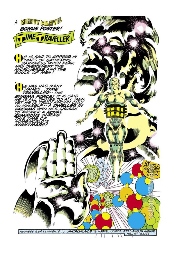 Micronauts #2, pg. 18; Time Traveller pinup, art by Michael Golden, Joe Rubinstein; Commander Rann, Micromails, Enigma Force
