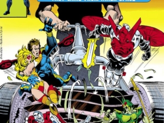 Micronauts #2 cover; pencils, Michael Golden; inks, Joe Rubinstein; From a war-torn micro verse they fled to Earth; lawnmower, Acroyear, Commander Rann; Biotron; Marionette, Mictrotron