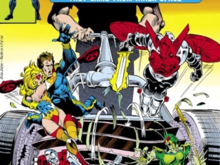 Micronauts #2 cover; pencils, Michael Golden; inks, Joe Rubinstein; From a war-torn micro verse they fled to Earth; lawnmower, Acroyear, Commander Rann; Biotron; Marionette, Mictrotron