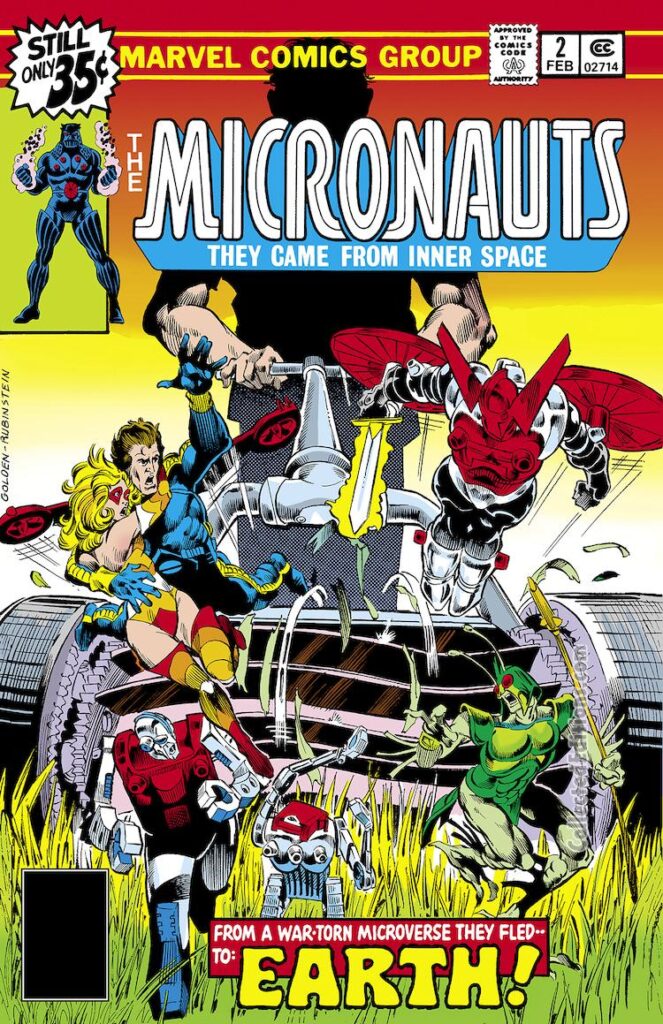 Micronauts #2 cover; pencils, Michael Golden; inks, Joe Rubinstein; From a war-torn micro verse they fled to Earth; lawnmower, Acroyear, Commander Rann; Biotron; Marionette, Mictrotron