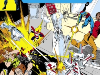 Micronauts #3 cover; pencils, Michael Golden; inks, Joe Rubinstein; Death Duel at Daytona Beach