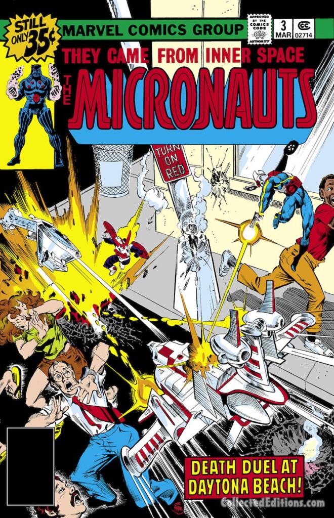 Micronauts #3 cover; pencils, Michael Golden; inks, Joe Rubinstein; Death Duel at Daytona Beach