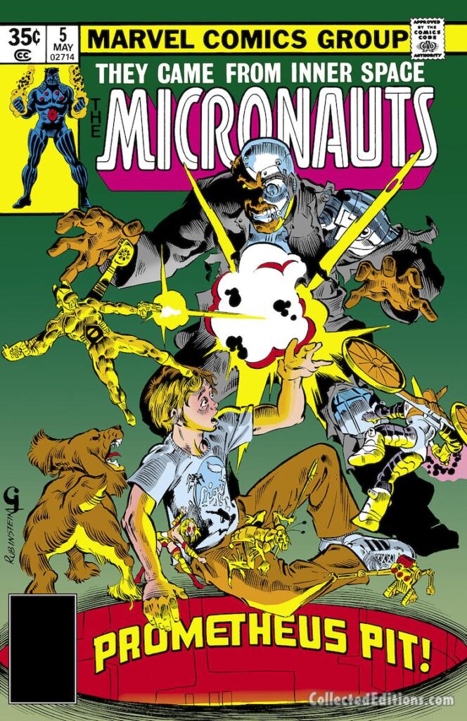 Micronauts #5 cover; pencils, Michael Golden; inks, Joe Rubinstein; They Came from Inner Space; Prometheus Pit