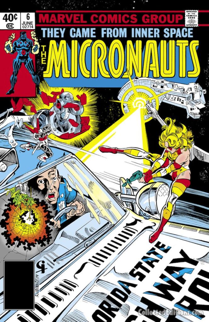 Micronauts #6 cover; pencils, Michael Golden; inks, Joe Rubinstein; Marionette, Biotron