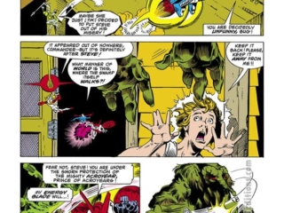 Micronauts #7, pg. 11; layouts, Michael Golden; pencils and inks, Joe Rubinstein; Man-Thing, Biotron