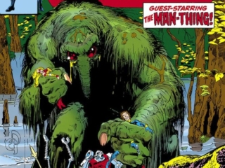 Micronauts #7 cover; pencils, Michael Golden; inks, Neal Adams; Guest-Starring the Man-Thing; Biotron, Microtron, Acroyear