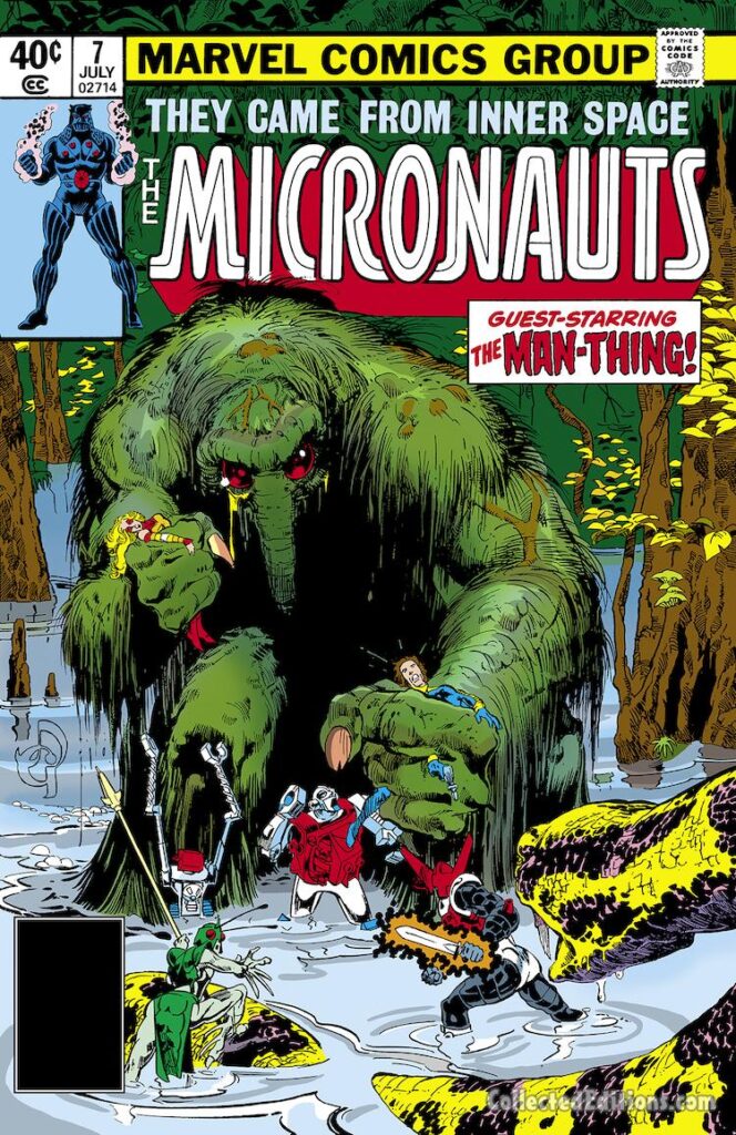 Micronauts #7 cover; pencils, Michael Golden; inks, Neal Adams; Guest-Starring the Man-Thing; Biotron, Microtron, Acroyear