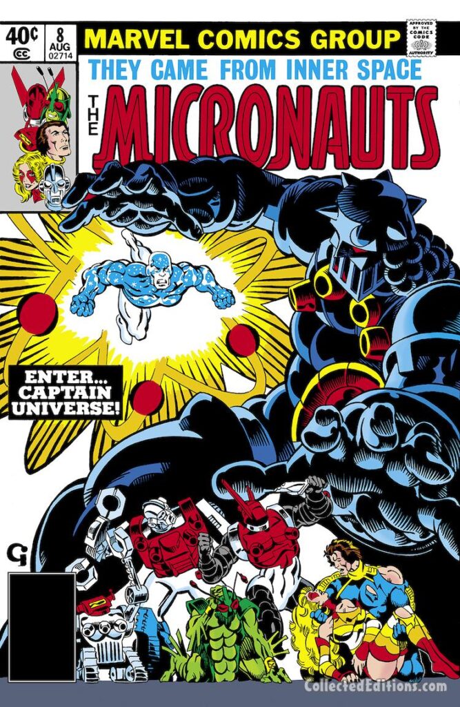 Micronauts #8 cover; pencils and inks, Michael Golden; Enter Captain Universe, Baron Karza, Bug, Commander Rann